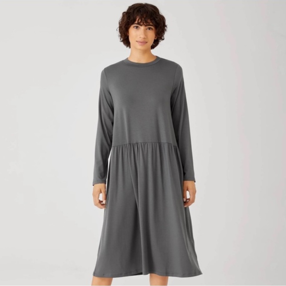 Eileen Fisher Crew Neck Calf Length Fine Jersey Shirred Dress Grey Bark